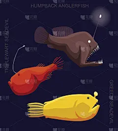 深海鱼琵琶鱼设置卡通矢量插图