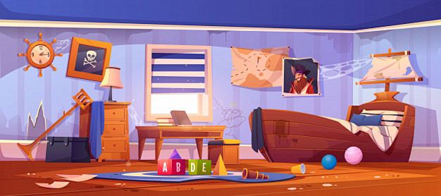 海盗风格儿童卧室，室内场景插画
