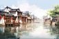 彩绘水墨风徽派建筑江南水乡插画图片