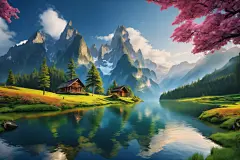 湖面山川插画图片
