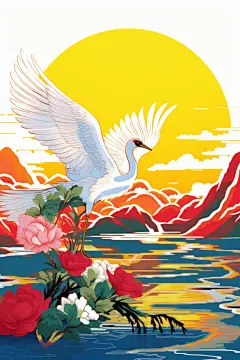 浮世绘风烫金古风国潮丹顶鹤插画