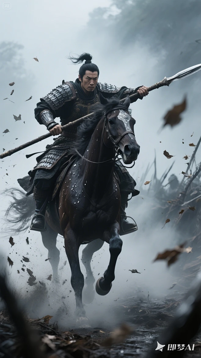 华裔武士骑马从浓雾中冲出 双手持槊向前突刺 全身铠甲沾满露水 面部坚毅表情特写 水墨质感的暗黑武侠风格 背景雾气随动作飞散 枯枝落叶在冲击波中 ...