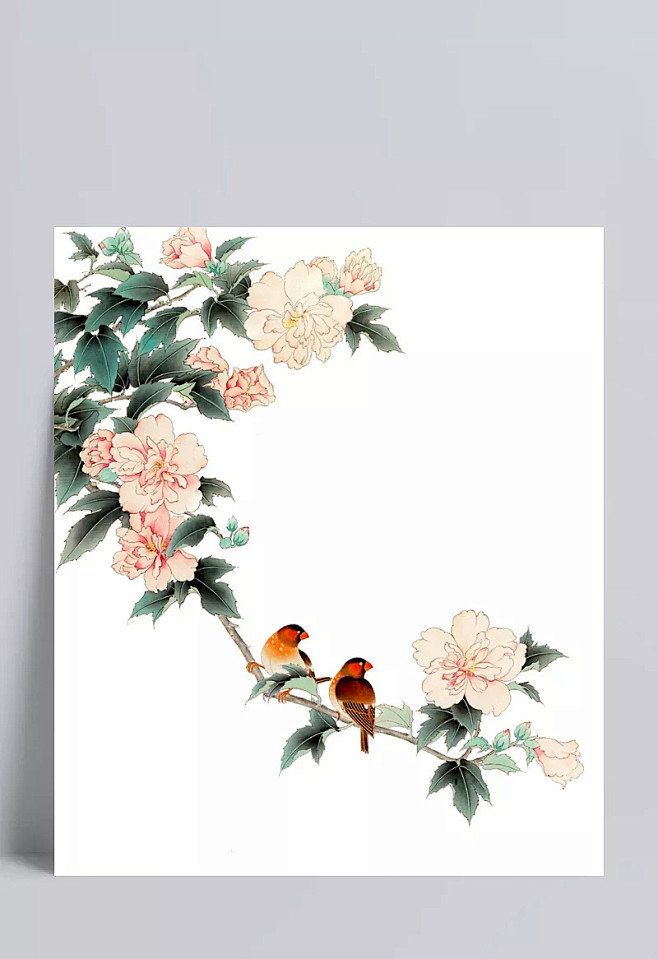 国画牡丹花牡丹花鸟中国风水彩画国画花鸟鸟站在花枝上两只小鸟手绘