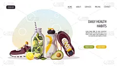 运动鞋，瓶子，排毒饮料，鳄梨。运动、健身、训练、健康生活方式、饮食、天然食品、健身理念。
