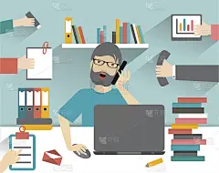 勤劳的商人。工作空间平面矢量插图。