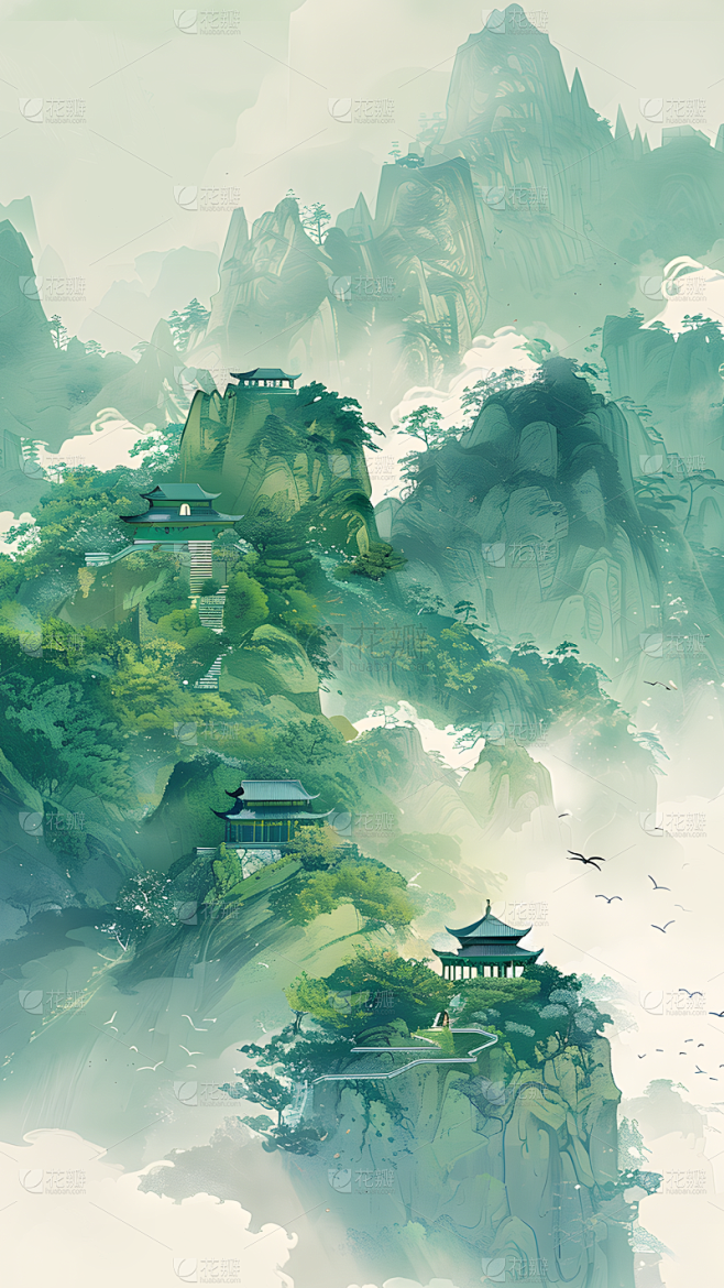 中国风新中式水墨绿色云雾山水背景