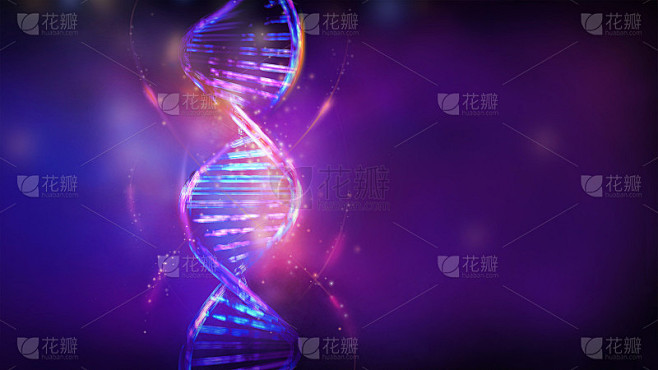 发光DNA双螺旋紫蓝色，3D渲染。