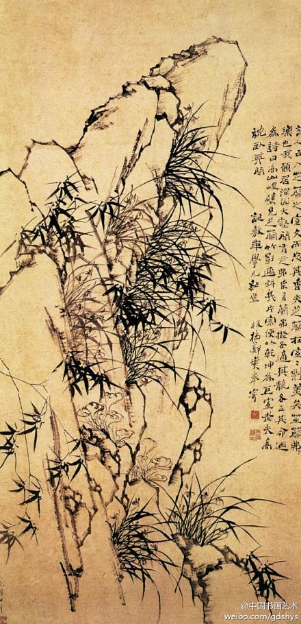 #古代书画# 清 郑燮《兰竹图》--- 此图气势磅礴，山势险峻，巨石峥嵘突兀，一丛丛兰竹，舒散而出。以枯笔淡墨勾石，浓墨劈兰撇竹，兰叶竹叶偃仰 ...