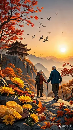 生成重阳节海报渲染C4D渲染，如果要做一张重阳节海报，画面中有两个登山者看日落，可以添加以下元素：_ 一、自然元素_ 漫山遍野的红叶，突出重阳节的金秋特色，为画面增添丰富的色彩和层次感。_ 南飞的大雁