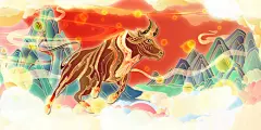 中国风新年牛年牛气冲天高山擎天牛年主题牛年吉祥手绘插画