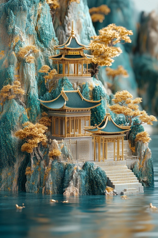 国风立体山水绘画-花瓣网