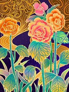 中国风花鸟花卉花神插画