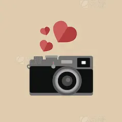 Vector vintage camera icon with hearts in trendy flat style.