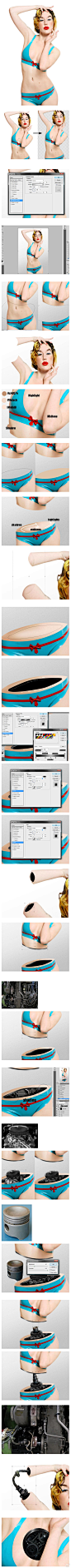 【难以置信！PS六步打造性感的美女机器人】本期课程的主题是：利用PS将真实美女打造成性感机器人。本文将着重讲述：1.如何处理身体部分的机械组件；2.如何增添中空部分的深度感；3.如何利用PS有机结合各个部位；教程开练请戳→http://t.cn/zR5GeUa