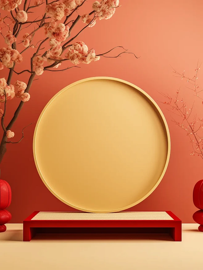 浅黄色背景的圆形讲台，中国新年元素，纹理...