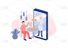 社交距离呆在家里，微型小人在线订外卖，智能手机应用概念海报或社交横幅设计插图在白色背景与复制空间向量