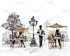 这是一幅老街咖啡馆里人们的插画