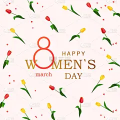 以郁金香为背景的妇女节贺卡快乐。3月8日带花的明信片。矢量图