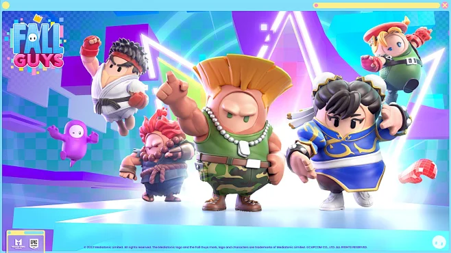 Five Fall Guys wearing the Chun Li, Guile, Ryu, Cammy and Akuma a-花瓣网