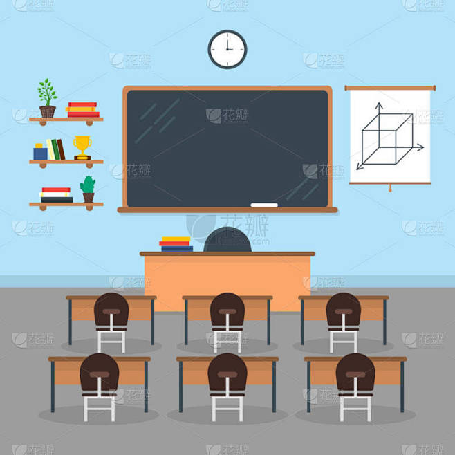 卡通室内课室的学校或大学与家具。矢量
