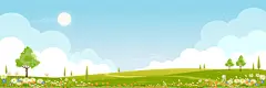 点击来源直接获取大图文件 |春天的背景，蓝天、云朵、太阳、花田、树木、绿色草地风景，阳光明媚的夏日矢量卡通乡村自然风光，适合作为屏幕壁纸、背景横幅的乡村山谷场景