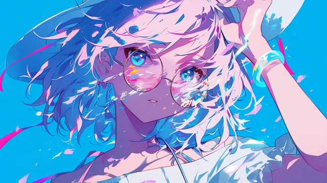 Aesthetic anime girl with blue highlights and glasses, in a vibrant HD desktop wallpaper with a whimsical anime art style.