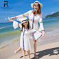 海边度假母女装沙滩裙波西米亚民族风半袖海滩亲子装纯白色连衣裙-tmall.com天猫