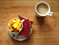 mango, sprouted grain toast with wildberry jam, and coffee #赏味期限# #吃货#