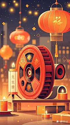 元旦 ，新年 ，卷胶卷影视相关的创意， 扁平风插画，简约，不要太多颜色，橙红为主 (1)