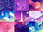 2017 - Set 1 minimal design 2017 gradient glow neon city illustration 3d isometric