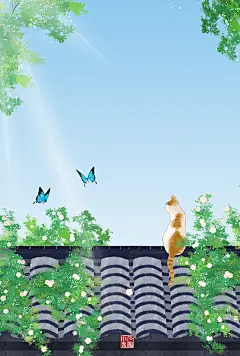 石家小鬼原创中国风二十四节气插画，商用请联系邮箱shijiaxiaogui@QQ.com，未经允许严禁商用。夏季蔷薇猫咪蝴蝶 古风海报