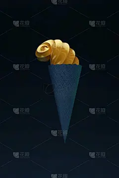 3D冰淇淋对象与一个搅打螺旋端和蓝色华夫饼在一个深黑色孤立的背景。三维图形，说明冰淇淋在黑暗的背景。