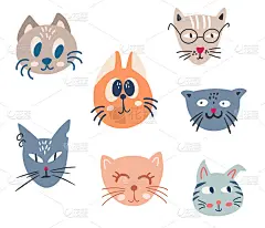 猫的脸。卡通猫或小猫角色设计集合。可爱有趣的宠物。完美的儿童设计，织物，包装，壁纸，纺织品，服装。矢