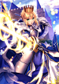 1girl ahoge armor artoria_pendragon_(all) blonde_hair blue_cape blue_ribbon braid cape castle crown excalibur fate/stay_night fate_(series) french_braid fur_trim fuyuki_(neigedhiver) gauntlets green_eyes hair_ribbon highres holding holding_sword holding_w