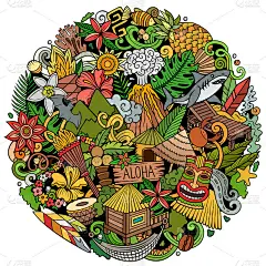 夏威夷卡通矢量涂鸦插图。