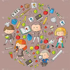 的孩子。学校和幼儿园。创造力和教育。音乐。探索。科学。的想象力。玩和学习。烹饪。唱歌。阅读。不同的爱