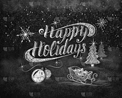 节日快乐粉笔刷字母贺卡。舒适的雪景用粉笔手绘在黑板上