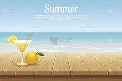 夏季背景蓝色天空与海洋和木制产品