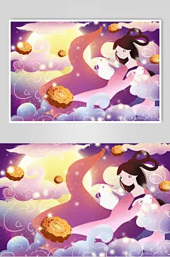 炫彩渐变神话嫦娥奔月中秋节插画素材