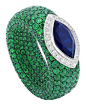 Avakian cache ring with pave emeralds and a marquise-cut sapphire.: 