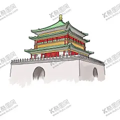 手绘钟楼 【酷图网】西安,钟楼,城市印象,手绘,插画,手绘插画