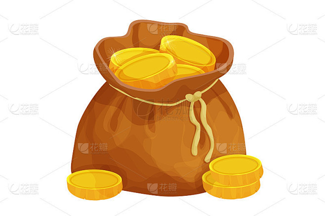 旧袋，袋与金币卡通风格孤立在白色的背景。钱袋，宝物。Ui图标,资产。矢量图