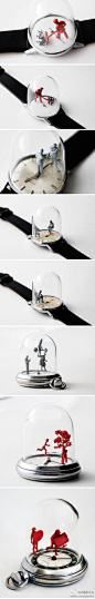 片刻时光（Moments in Time）手表雕塑，英国艺术家Dominic Wilcox把古董机械表和微型的人物模型结合，时光流逝，雕塑随着指针滴滴答答的转动，形成了动人的场景。