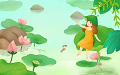 手绘立夏荷花池上的少女原创插画海报