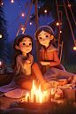 户外露营汉服女生CG露营模型插画图片