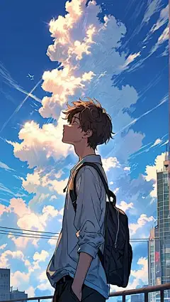 Ai产生的, 男孩, 学生, 城市, 动画片, 学习, 云, 漫画, 天空