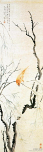 清 金礼赢 《杨柳鸣禽图》】立轴，纸本设色，103.7×31.3cm，上海博物馆藏。 作品中的柳树一枝已枯干，另一枝却柳条柔细，柳叶萧萧。以水墨写出树干，间用侧锋，枯枝用焦墨，而生枝却淡墨细写，柔嫩飘逸，柳叶以淡彩点写，似飘舞晨雾之中。鸣禽设色鲜艳，用笔精确，羽毛富有层次。