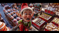 Cinematic from an above view, We observe an elf looking at the camera making an upset. and disappointed expression and a gesture of offense. the elf in working in a sweets factory full of machinery, and delicious. cinematic pixar 3d rendering