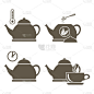 一套用于冲泡茶的图标，配有沸腾的水壶和温度计，增加了冲煮和等待时间.