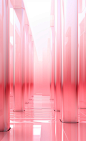 The pink background has several structures and columns, in the style of glass as material, realistic usage of light and color, flowing draperies, luminous shadowing, light-filled compositions, white background, rectangular fields